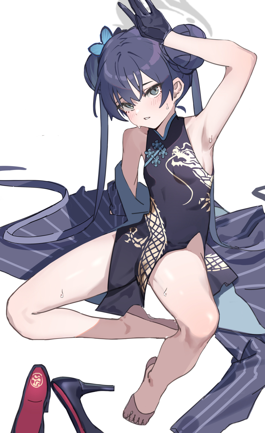 1girl, absurdres, armpits, black_dress, black_gloves, black_hair, black_jacket, blue_archive