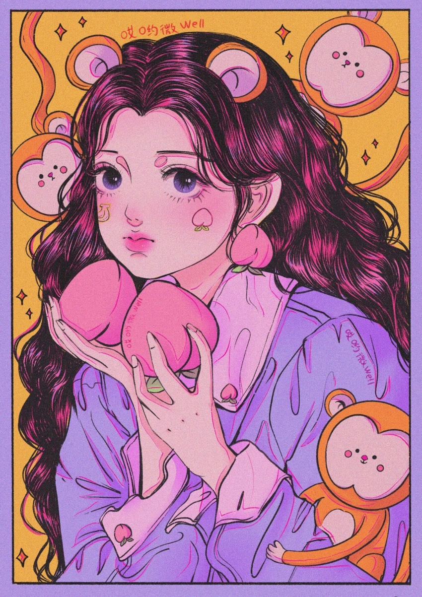 1girl, ai_yo_wei_well, animal_ears, animal_on_arm, black_eyes, black_hair, blue_border, blue_shirt