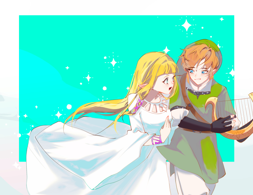 1boy, 1girl, black_gloves, blonde_hair, blue_background, blue_eyes, blunt_bangs, border