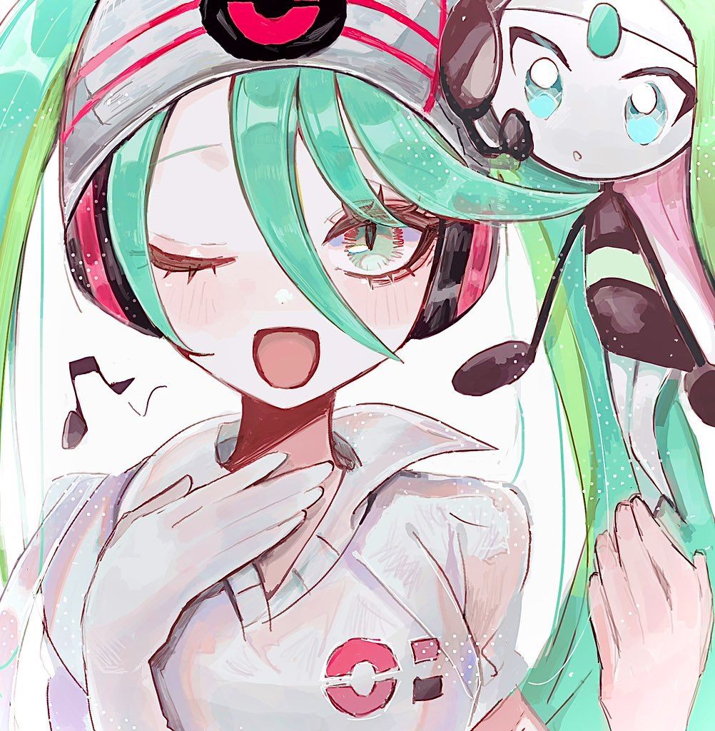 1girl, aqua_eyes, aqua_hair, beanie, collared_shirt, commentary, gen_5_pokemon, gloves