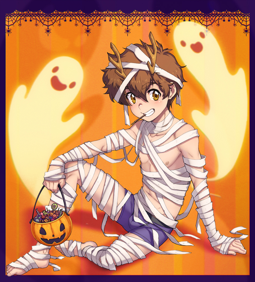 1boy, 2others, bandages, barefoot, brown_hair, bulge, candy, commentary