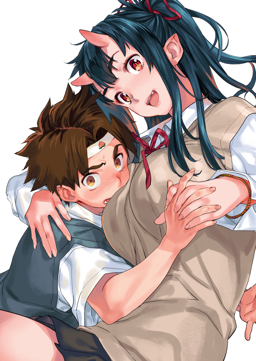 1boy, 1girl, :d, black_hair, breasts, brown_eyes, brown_hair, brown_sweater