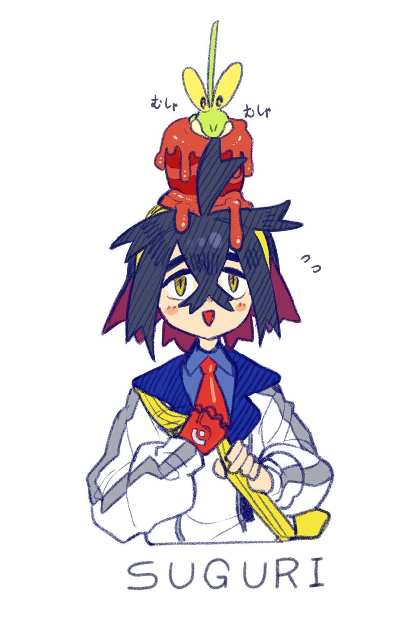 1boy, ahoge, backpack, bag, black_hair, blue_shirt, blush, character_name