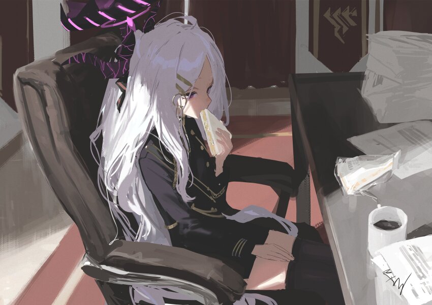 1girl, absurdres, black_jacket, black_ribbon, black_skirt, black_thighhighs, blue_archive, carpet