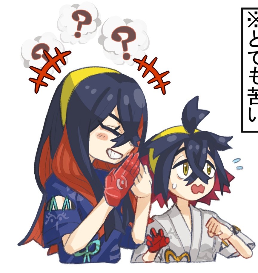 1boy, 2girls, ?, age_difference, ahoge, black_hair, brother_and_sister, carmine_(pokemon)