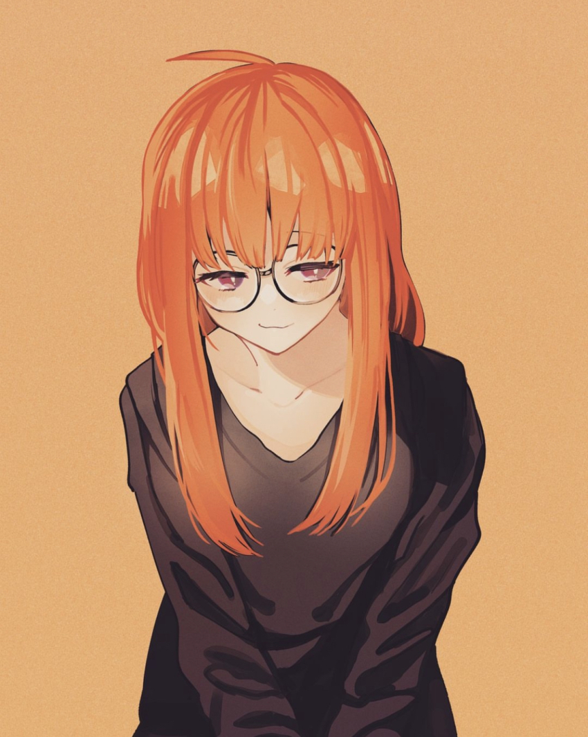 1girl, ahoge, black-framed_eyewear, black_shirt, closed_mouth, collarbone, glasses, highres, kyougetsu_(junrai), light_smile, long_hair, long_sleeves, looking_at_viewer, orange_background, orange_hair, oversized_clothes, oversized_shirt, persona, persona_5, purple_eyes, round_eyewear, sakura_futaba, shirt, simple_background, solo, upper_body, v-neck