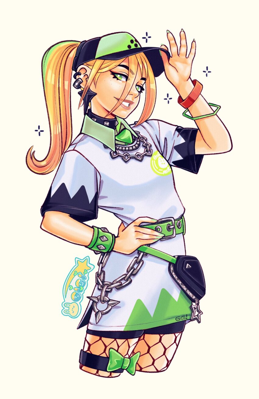 1girl, artist_logo, baseball_cap, blonde_hair, chain, collared_shirt, facing_to_the_side, fortnite, gigis_lab, green_eyes, green_nails, hat, helsie_(fortnite), high_ponytail, highres, logo, looking_at_viewer, nail_polish, official_alternate_costume, ponytail, shirt, smile