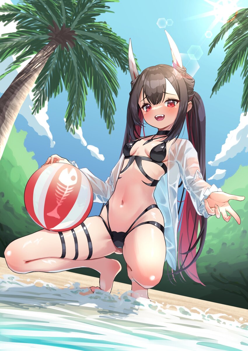 1girl, absurdres, azur_lane, ball, beach, beachball, bikini, black_bikini