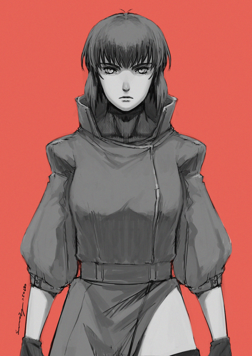 1girl, :l, coat, collar, ghost_in_the_shell, gloves, highres, kusanagi_motoko, looking_at_viewer, medium_hair, red_background, signature, solo, stellarstatelogic