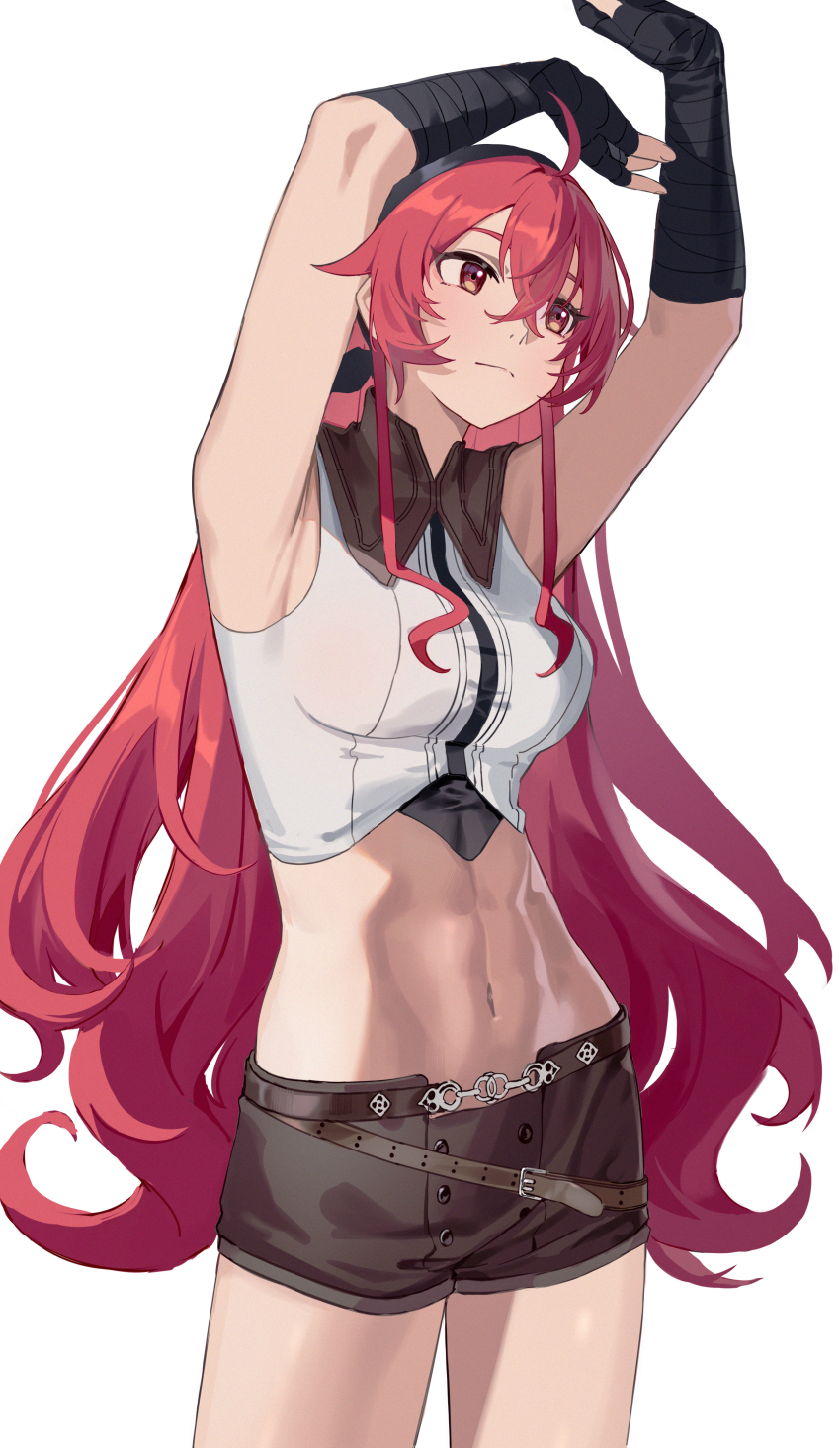 1girl, abs, absurdres, ahoge, armpits, arms_up, bare_shoulders, black_gloves
