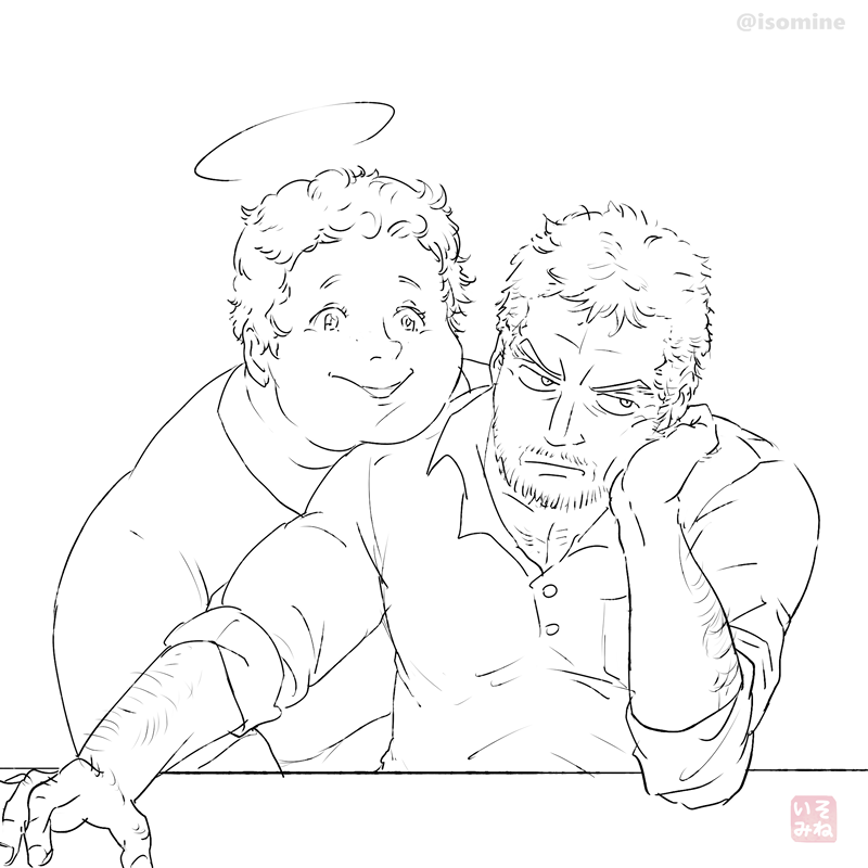 2boys, annoyed, arm_hair, averting_eyes, bara, beard, beard_stubble, borrowed_character