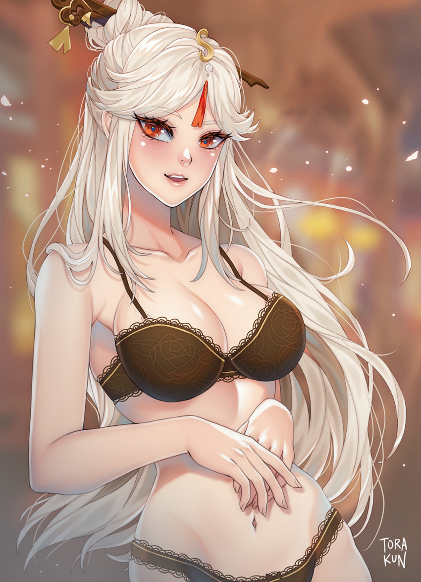 1girl, black_bra, black_panties, blurry, blurry_background, bra, breasts, dutch_angle