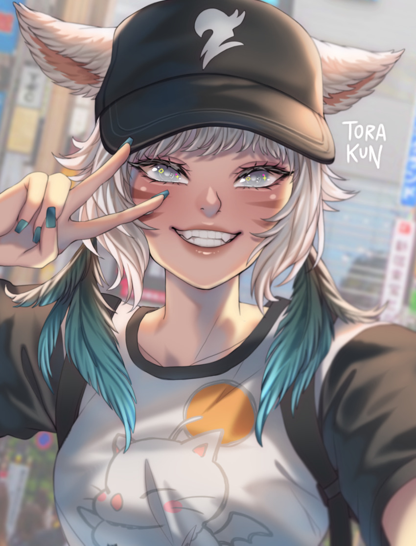 1girl, animal_ears, baseball_cap, blurry, blurry_background, cat_ears, facial_mark, fangs