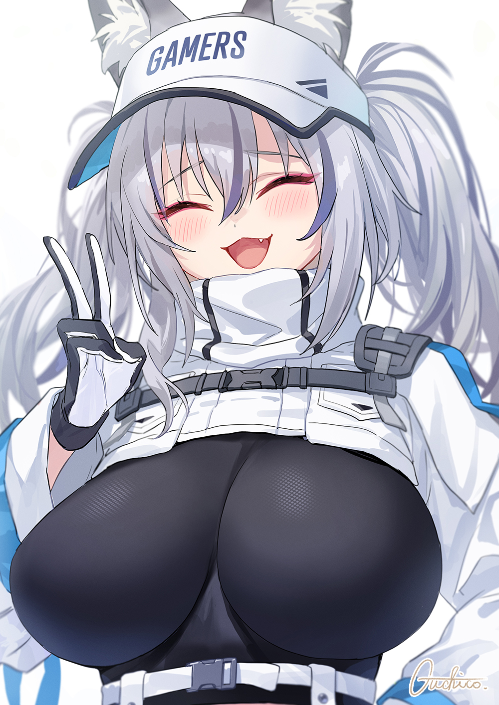 1girl, :3, animal_ear_fluff, animal_ears, baseball_cap, breasts, chest_strap, closed_eyes