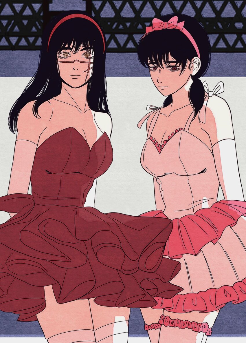 2girls, bare_shoulders, black_hair, breasts, brown_eyes, cdtxufre, chainsaw_man, cleavage