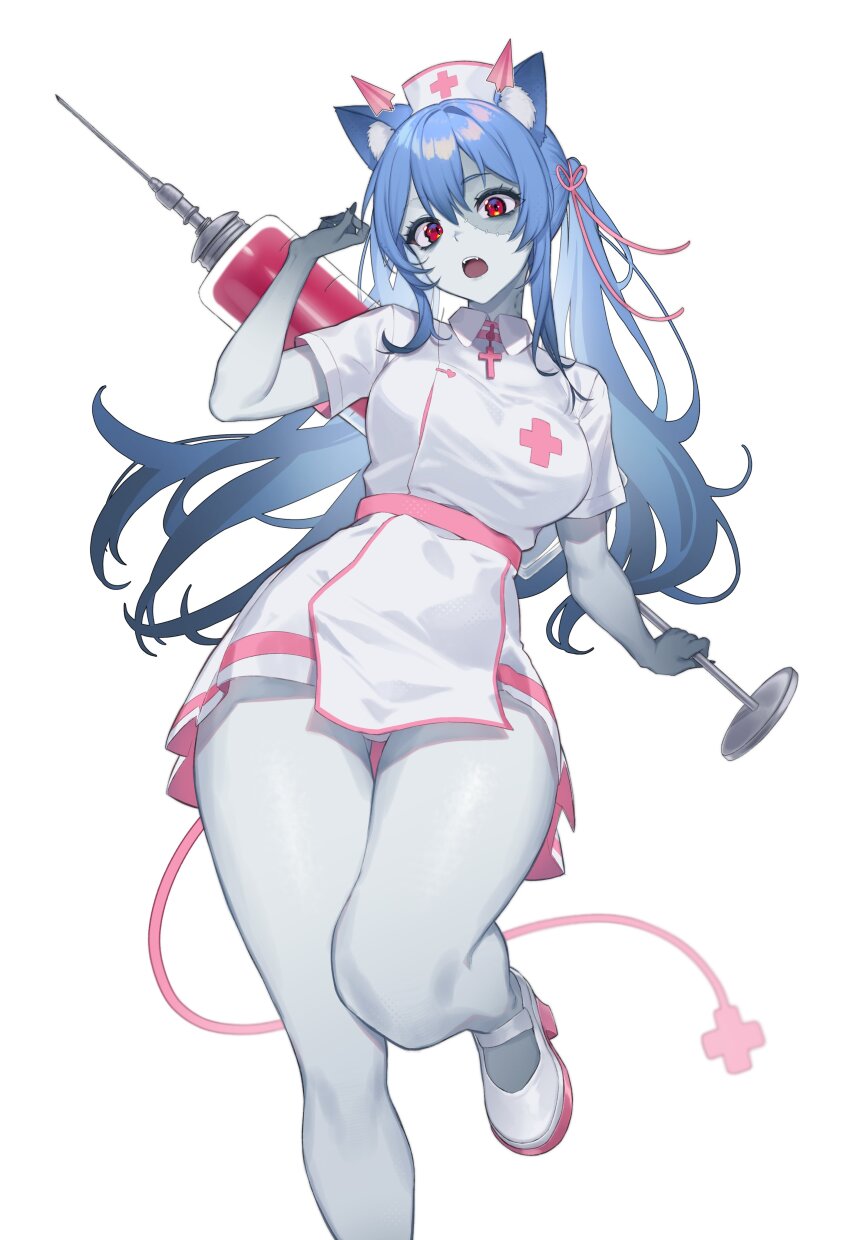 1girl, absurdres, animal_ear_fluff, animal_ears, bite_mark, blue_hair, colored_skin, grey_skin
