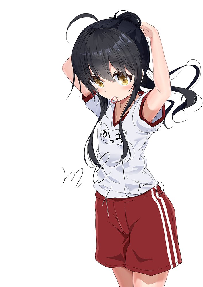 1girl, ahoge, alternate_costume, alternate_hairstyle, commentary_request, cowboy_shot, gym_shirt, gym_shorts