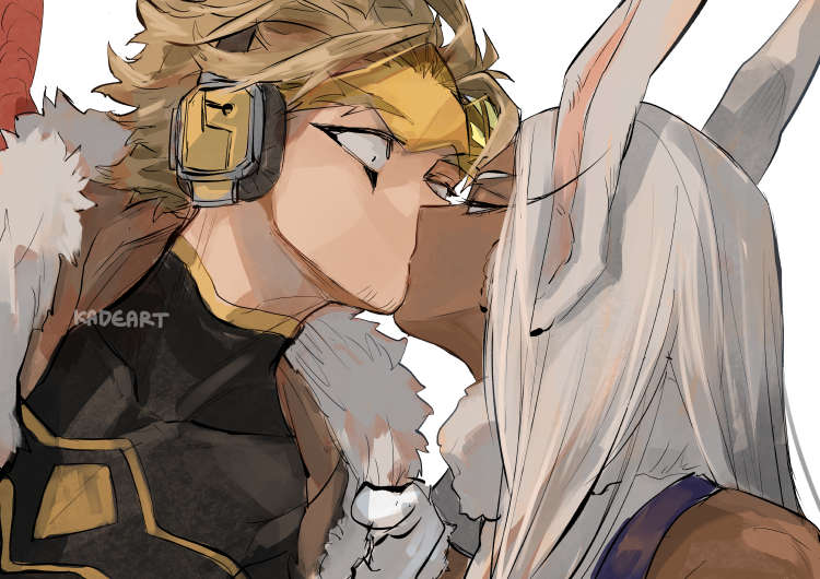 1boy, 1girl, animal_ears, artist_name, boku_no_hero_academia, bomber_jacket, clothes_pull, costume, dark-skinned_female, dark_skin, facial_hair, facial_mark, fur-trimmed_jacket, fur_trim, gloves, grip, hawks_(boku_no_hero_academia), headphones, hetero, interracial, jacket, kadeart, kiss, leotard, long_eyebrows, long_eyelashes, long_hair, lowered_eyelids, mirko, parted_bangs, pulling, rabbit_ears, red_wings, shirt, short_hair, simple_background, sleeveless, tight_clothes, tight_shirt, tinted_eyewear, watermark, white_background, white_gloves, white_hair, wide-eyed, wings, yellow-tinted_eyewear