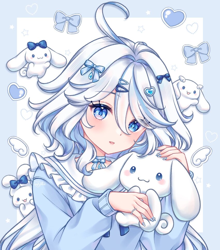 1girl, blue_eyes, blue_nails, blue_ribbon, blue_shirt, blue_sweater, border, cinnamoroll, estelleartss, frilled_shirt_collar, frills, furina_(genshin_impact), fuwa_fuwa_cinnamoroll, genshin_impact, hair_ornament, hair_ribbon, hairpin, heart, heart_print, highres, jewelry, light_blush, long_hair, looking_at_viewer, open_mouth, ribbon, ring, sanrio, shirt, sweater, two-tone_background, upper_body, white_hair
