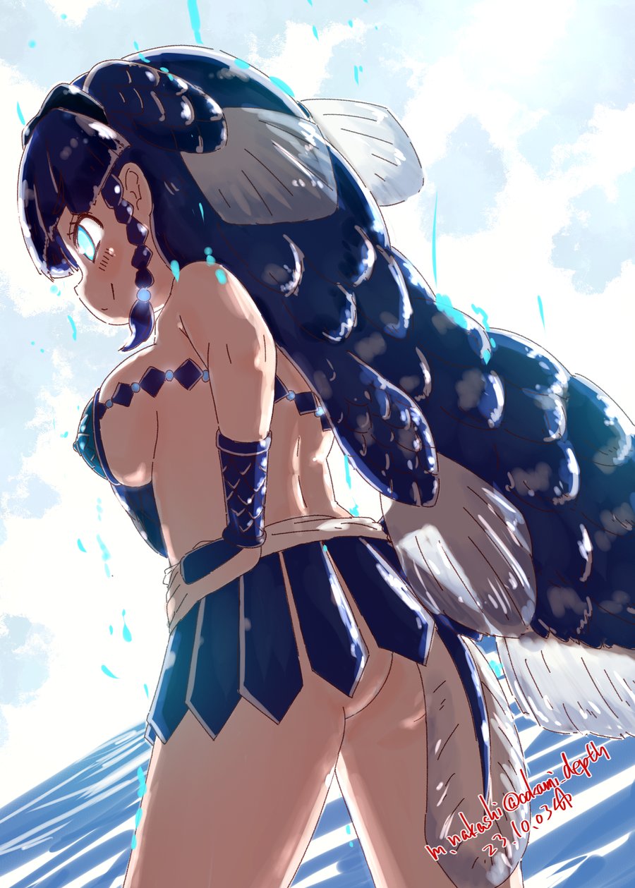 1girl, ass, bare_shoulders, blue_eyes, blue_hair, blush, braid, breasts