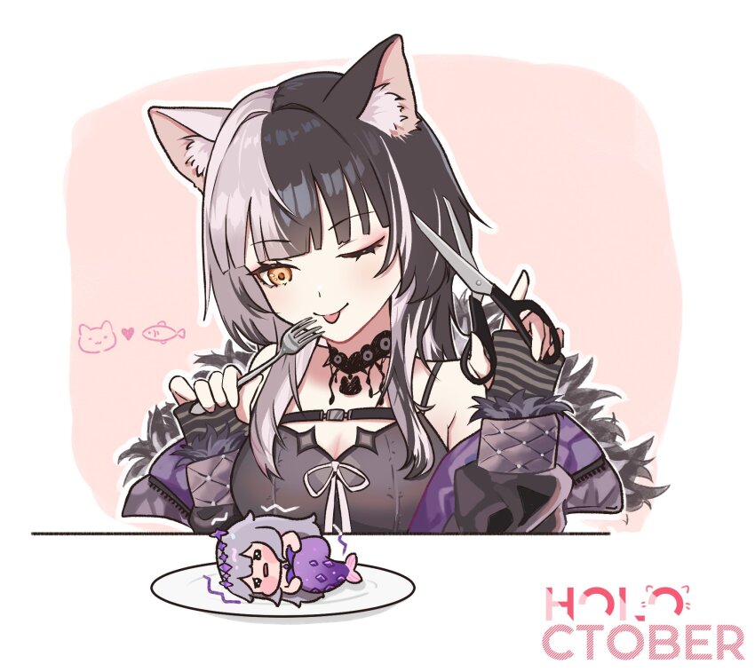 black_choker, black_hair, cat, choker, fetal_position, fish, fork, fur_trim