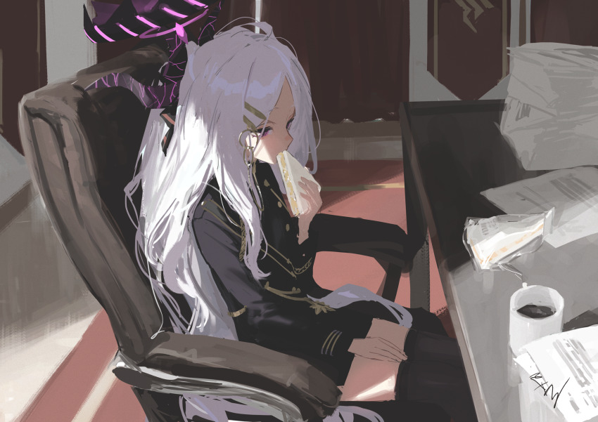 1girl, absurdres, black_jacket, black_thighhighs, blue_archive, chair, coffee, coffee_mug