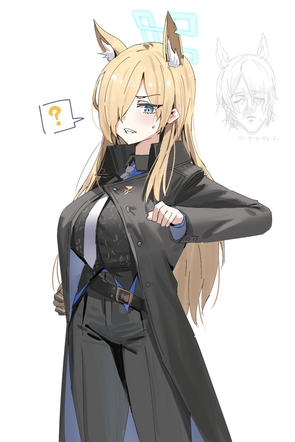 1boy, 1girl, ?, animal_ear_fluff, animal_ears, arknights, black_coat, black_pants, black_shirt, blonde_hair, blue_archive, blue_eyes, breasts, coat, cosplay, extra_ears, frown, grey_necktie, hair_over_one_eye, halo, highres, horn/wood, horse_boy, horse_ears, horse_girl, inset, kanna_(blue_archive), large_breasts, long_hair, mlynar_(arknights), mlynar_(arknights)_(cosplay), necktie, pants, sharp_teeth, shirt, speech_bubble, teeth, translation_request, white_background