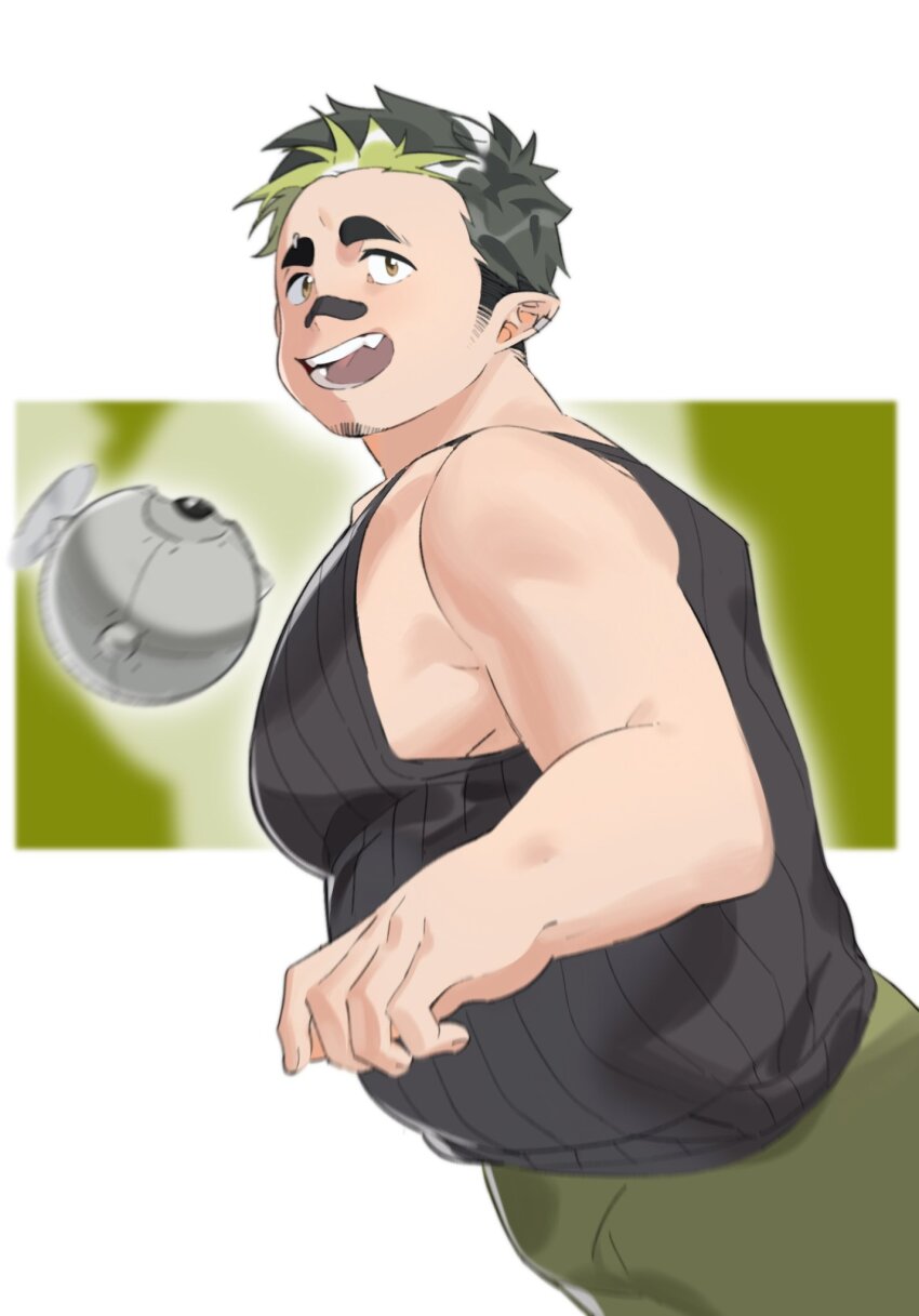 1boy, :d, badai, bandaid, bandaid_on_face, bandaid_on_nose, bara, bare_shoulders