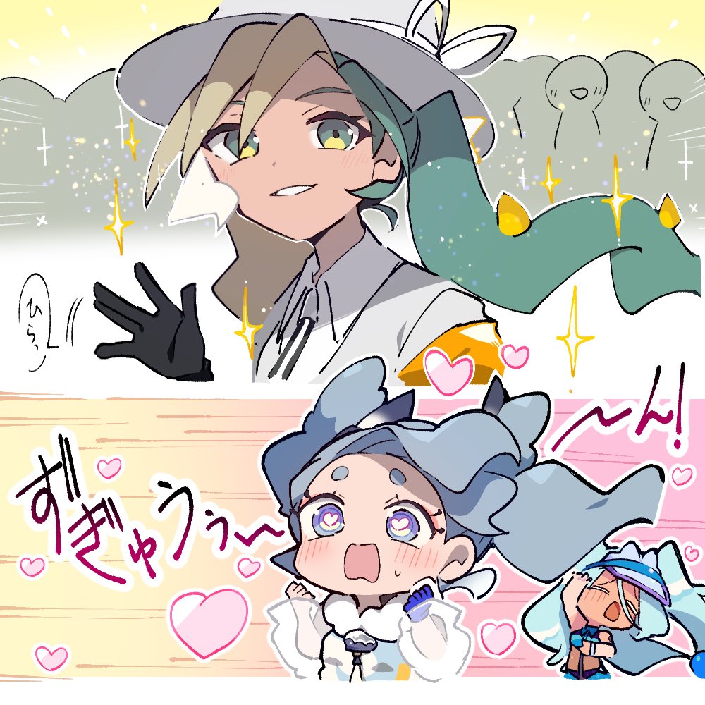 3girls, electric_miku_(project_voltage), flying_miku_(project_voltage), hatsune_miku, heart, heart-shaped_pupils, multiple_girls, nintendo