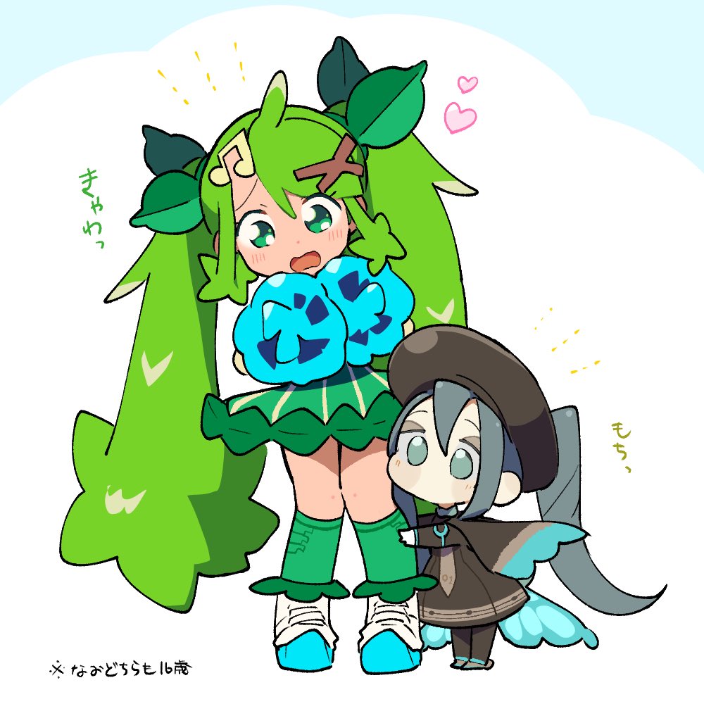 2girls, bug_miku_(project_voltage), grass_miku_(project_voltage), green_eyes, green_hair, hat, hatsune_miku, multiple_girls