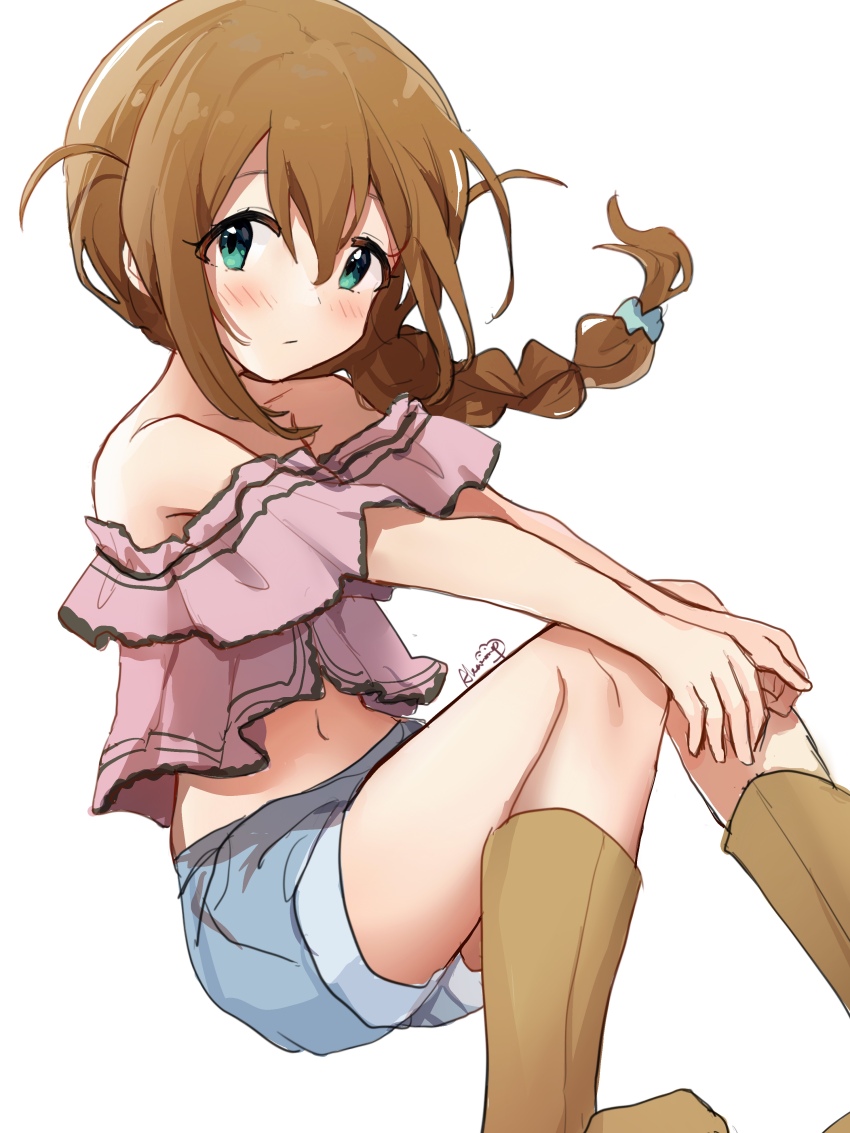 1girl, absurdres, baba_konomi, bare_shoulders, blue_scrunchie, blush, boots, braid