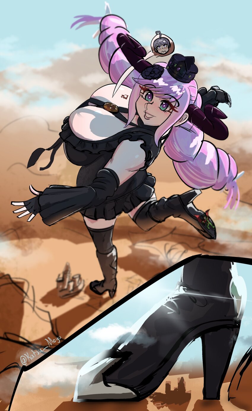 1girl, 2boys, absurdres, ahoge, blue_eyes, braid, breast_tattoo, breasts, cleavage, crown, detached_sleeves, female_focus, fingerless_gloves, flower, full_body, giant, giantess, gloves, hair_flower, hair_ornament, high_heels, highres, horns, huge_breasts, katsumega, long_hair, looking_at_viewer, master_detective_archives:_rain_code, multiple_boys, pink_hair, shinigami_(rain_code), tattoo, thighhighs, twin_braids, yuma_kokohead, zilch_alexander