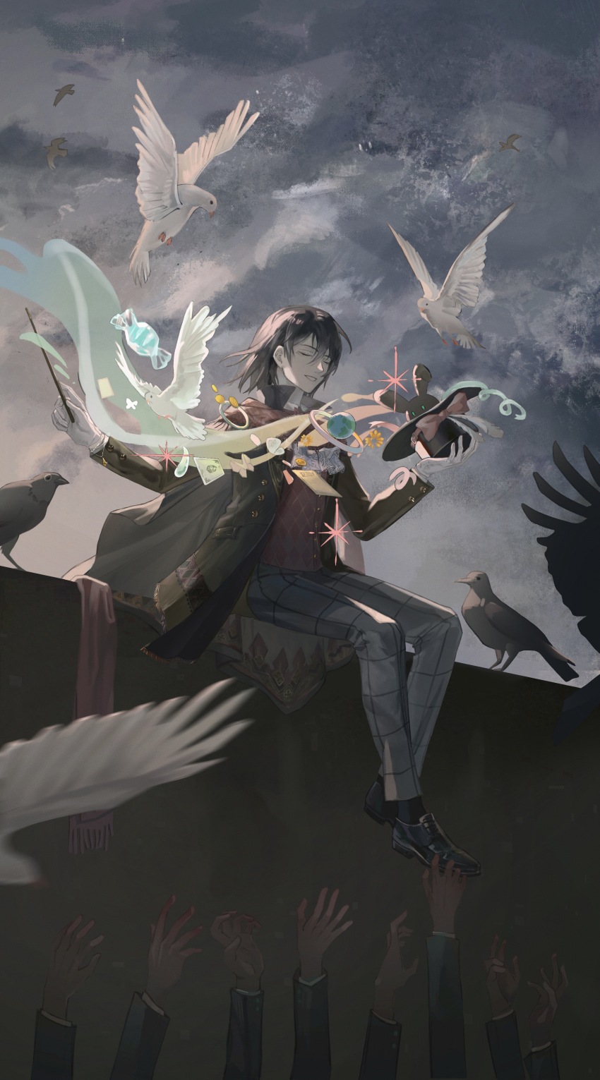 1boy, absurdres, bird, black_cape, black_footwear, black_hair, bow, bowtie