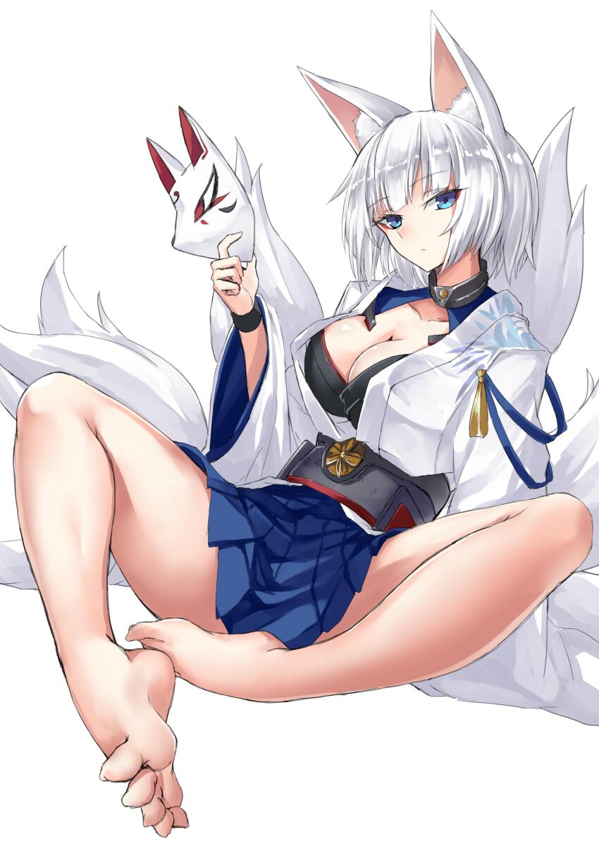 1girl, absurdres, animal_ear_fluff, animal_ears, azur_lane, bare_legs, barefoot, blue_eyes