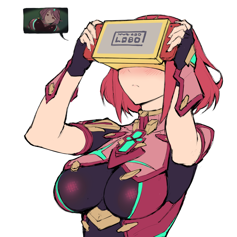 1girl, arms_up, black_gloves, blush, bob_cut, bodysuit, breasts, chest_jewel, closed_mouth, fingerless_gloves, frown, game_controller, gloves, haoni, head-mounted_display, holding, impossible_bodysuit, impossible_clothes, joy-con, large_breasts, meta, nintendo_labo, nintendo_switch, pyra_(xenoblade), red_hair, short_hair, short_sleeves, simple_background, swept_bangs, upper_body, white_background, xenoblade_chronicles_(series), xenoblade_chronicles_2