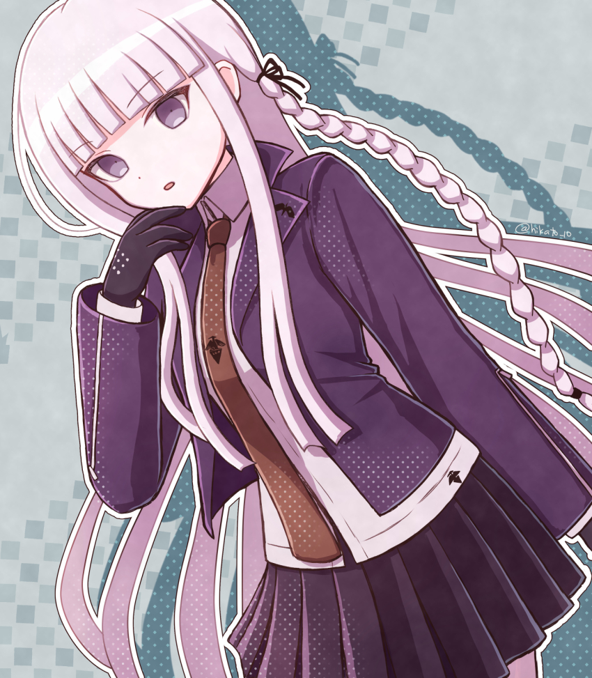 1girl, :o, black_gloves, black_skirt, blunt_bangs, brown_necktie, collared_shirt, danganronpa:_trigger_happy_havoc