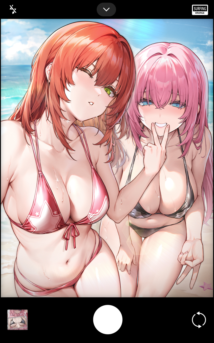 2girls, absurdres, aqua_eyes, artist_name, beach, bikini, black_bikini, blue_sky