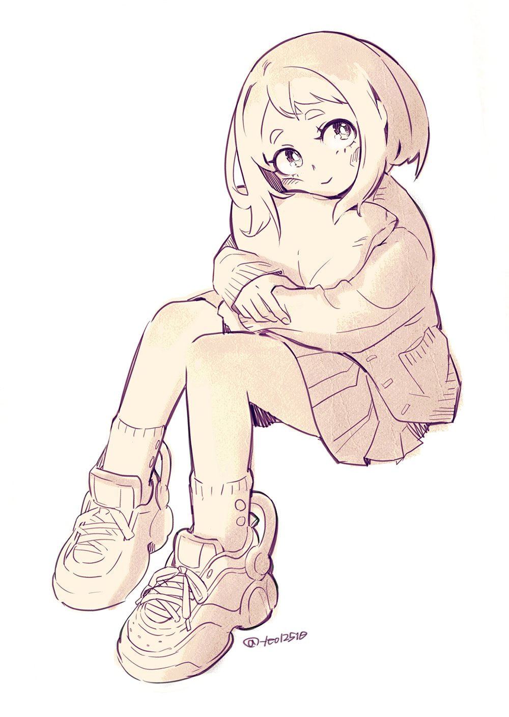 1girl, blush_stickers, boku_no_hero_academia, cardigan, highres, hugging_object, knees_up, lineart