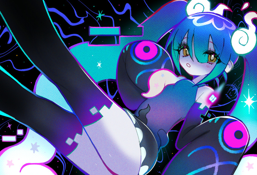 1girl, :o, absurdres, aqua_hair, bare_shoulders, black_skirt, black_sleeves, black_thighhighs