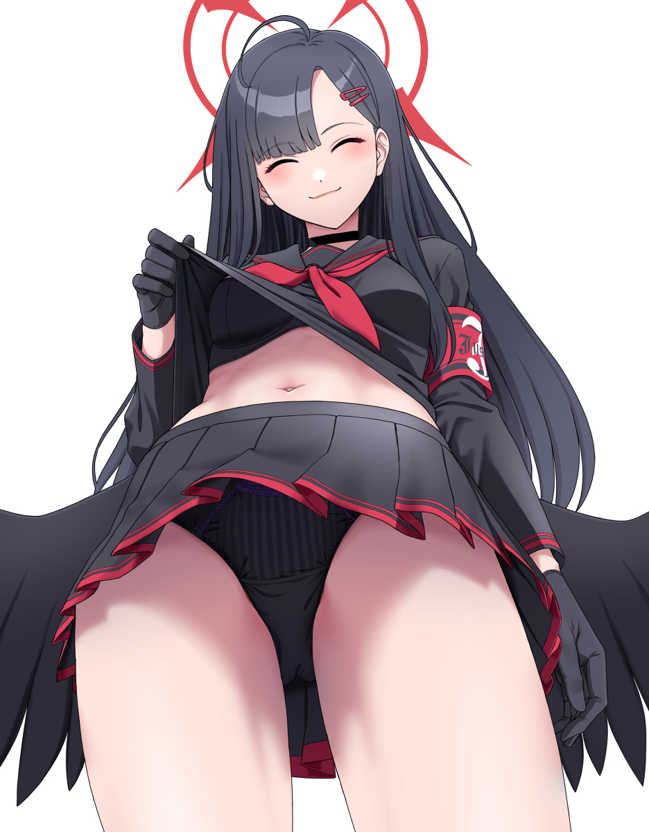 1girl, ^_^, ahoge, armband, black_choker, black_gloves, black_hair, black_panties, black_sailor_collar, black_serafuku, black_shirt, black_skirt, black_wings, blue_archive, choker, closed_eyes, closed_mouth, clothes_lift, commentary_request, gloves, hair_ornament, hairclip, halo, highres, ichika_(blue_archive), lifting_own_clothes, long_hair, long_sleeves, mikan_29344886, neckerchief, panties, parted_bangs, red_armband, red_halo, red_neckerchief, sailor_collar, school_uniform, serafuku, shirt, shirt_lift, simple_background, skirt, smile, solo, standing, striped_clothes, striped_panties, thighs, underwear, vertical-striped_clothes, vertical-striped_panties, white_background, wings