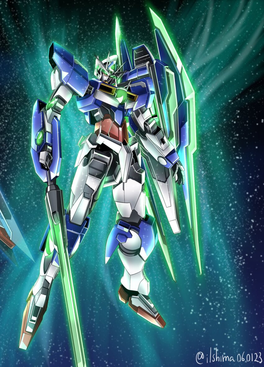 00_qan[t], commentary, full_body, glowing, glowing_eyes, green_eyes, gundam, gundam_00