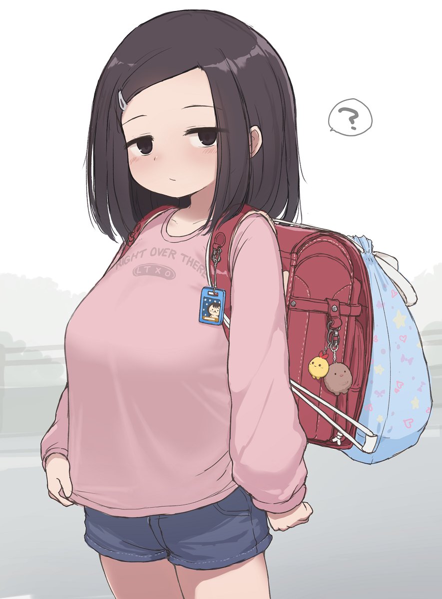 1girl, ?, backpack, bag, bag_charm, black_eyes, black_hair, blue_bag, blue_shorts, blush, breasts, charm_(object), closed_mouth, collarbone, commentary_request, expressionless, forehead, hair_ornament, hairclip, highres, large_breasts, long_sleeves, looking_at_viewer, medium_hair, oppai_loli, original, pink_shirt, randoseru, shirt, shirt_overhang, shorts, simple_background, solo, standing, swept_bangs, tozaumo, white_background