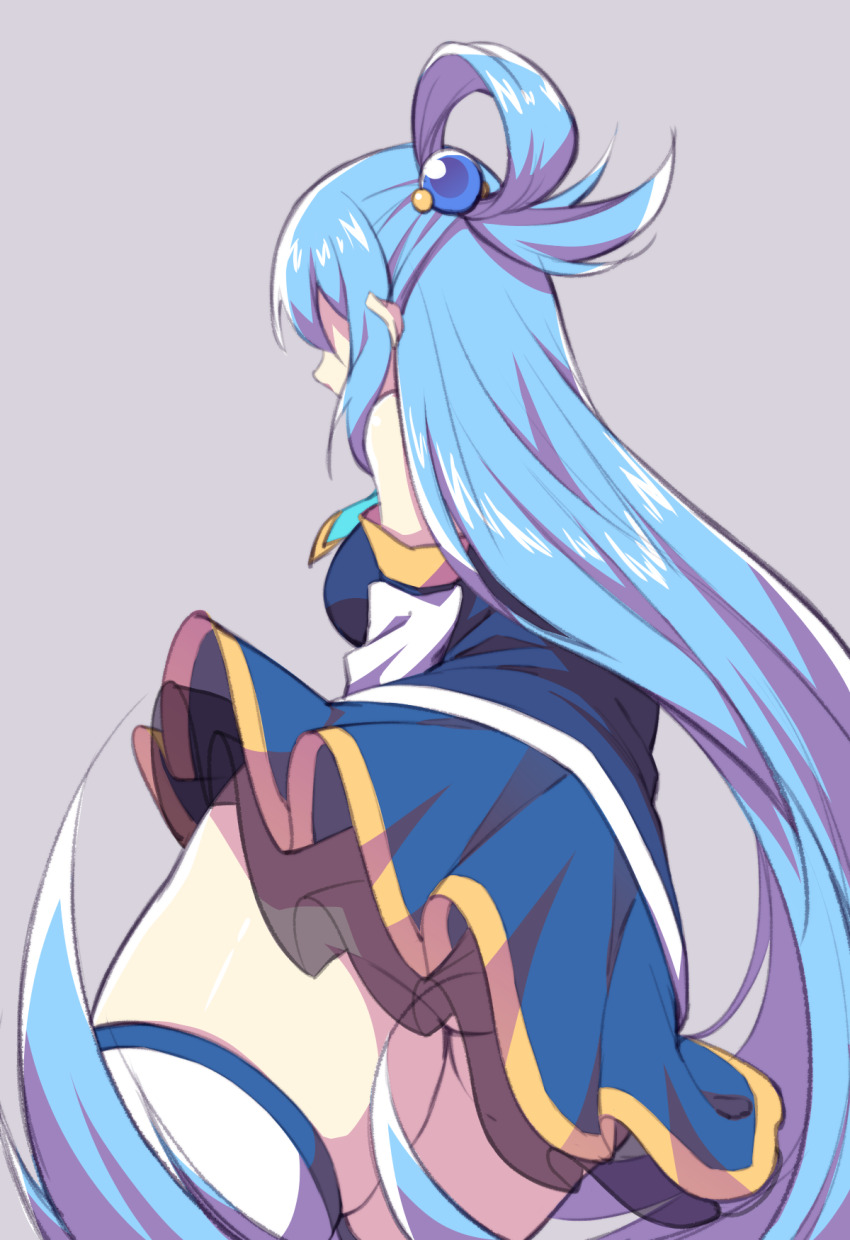 1girl, aqua_(konosuba), ass, bandaged_leg, bandages, blue_boots, blue_eyes, blue_hair