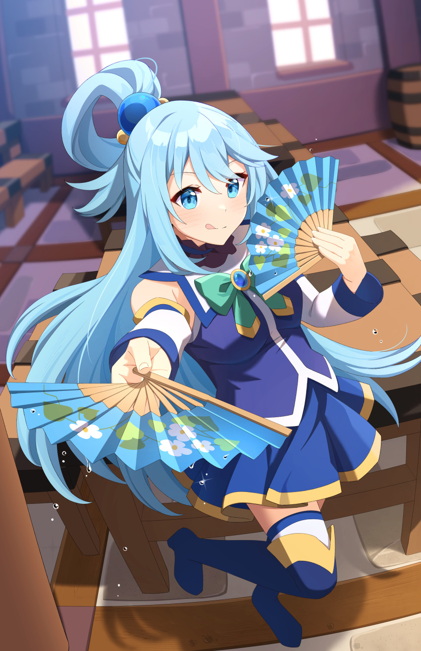 1girl, absurdres, aqua_(konosuba), blue_boots, blue_eyes, blue_hair, blue_shirt, blue_skirt