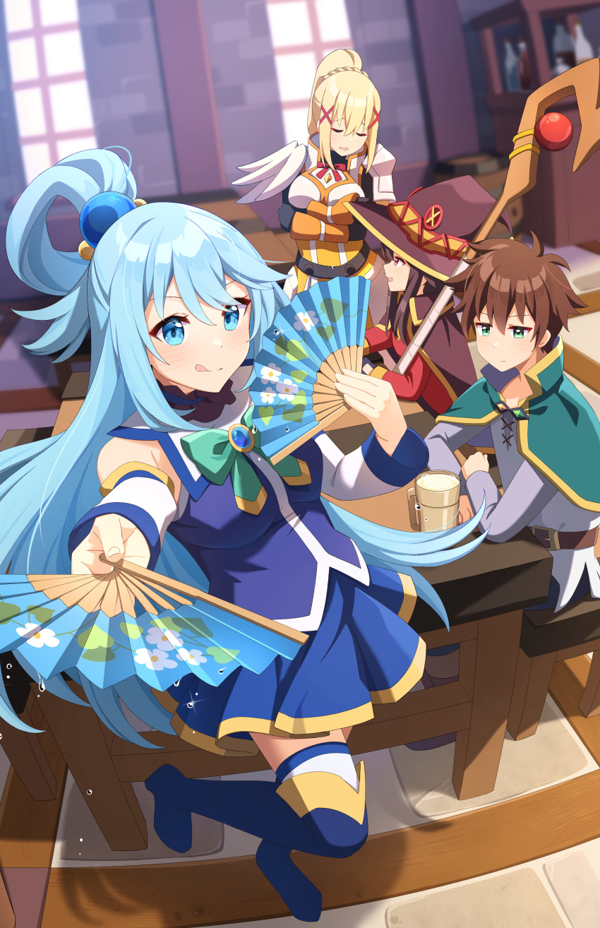 1boy, 3girls, absurdres, aqua_(konosuba), armor, asymmetrical_legwear, bandaged_leg, bandages