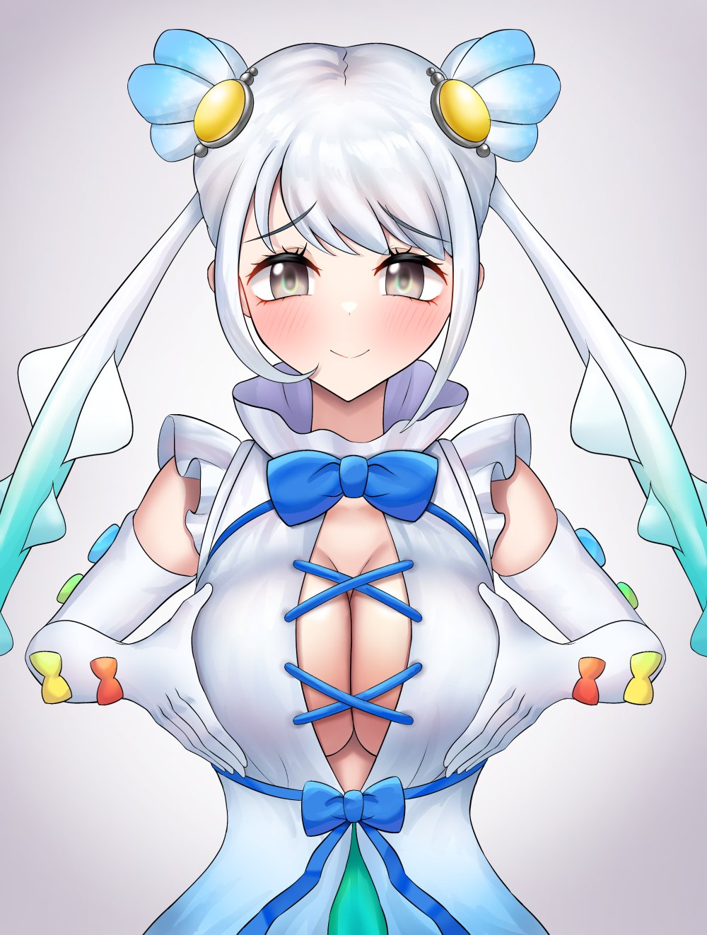 1girl, alternate_breast_size, animal_ears, black_hair, blonde_hair, blue_hair, blush, bow