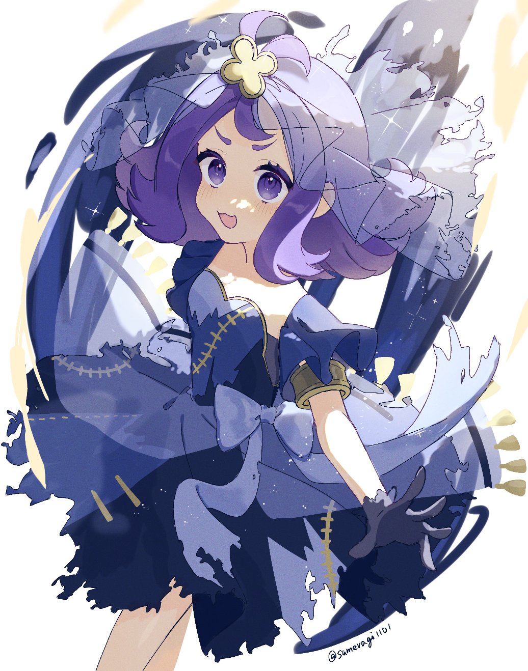 1girl, :d, acerola_(pokemon), adapted_costume, armlet, blue_dress, blush, commentary_request