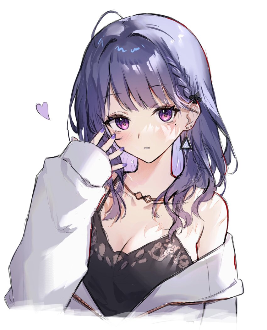 1girl, ahoge, black_camisole, camisole, earrings, heart, highres, jacket