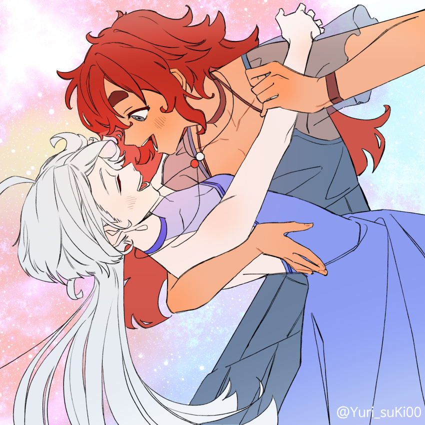 2girls, blue_dress, choker, closed_eyes, commentary_request, couple, dancing, dress