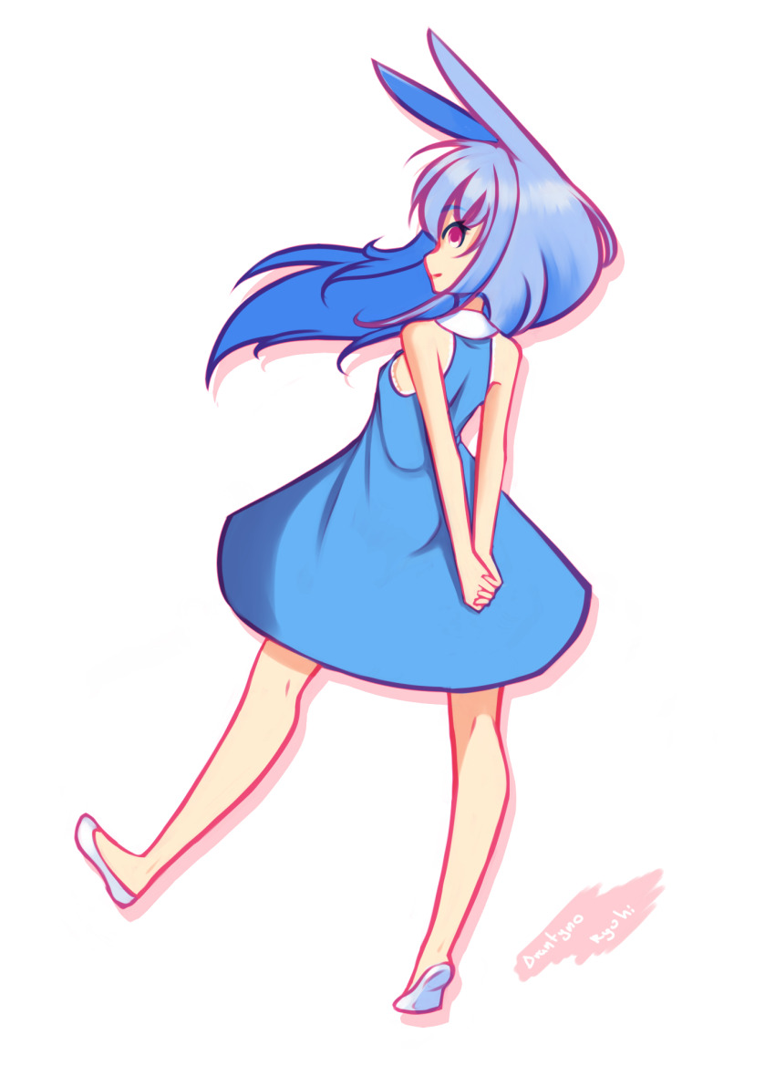 1girl, amy_(ryuhi), arms_behind_back, blue_dress, blue_hair, bra, bra_peek, breasts